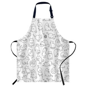 PLAYFUL CATS Apron Adjustable White with Black Cat Graphics Unisex 31 x 27 inch